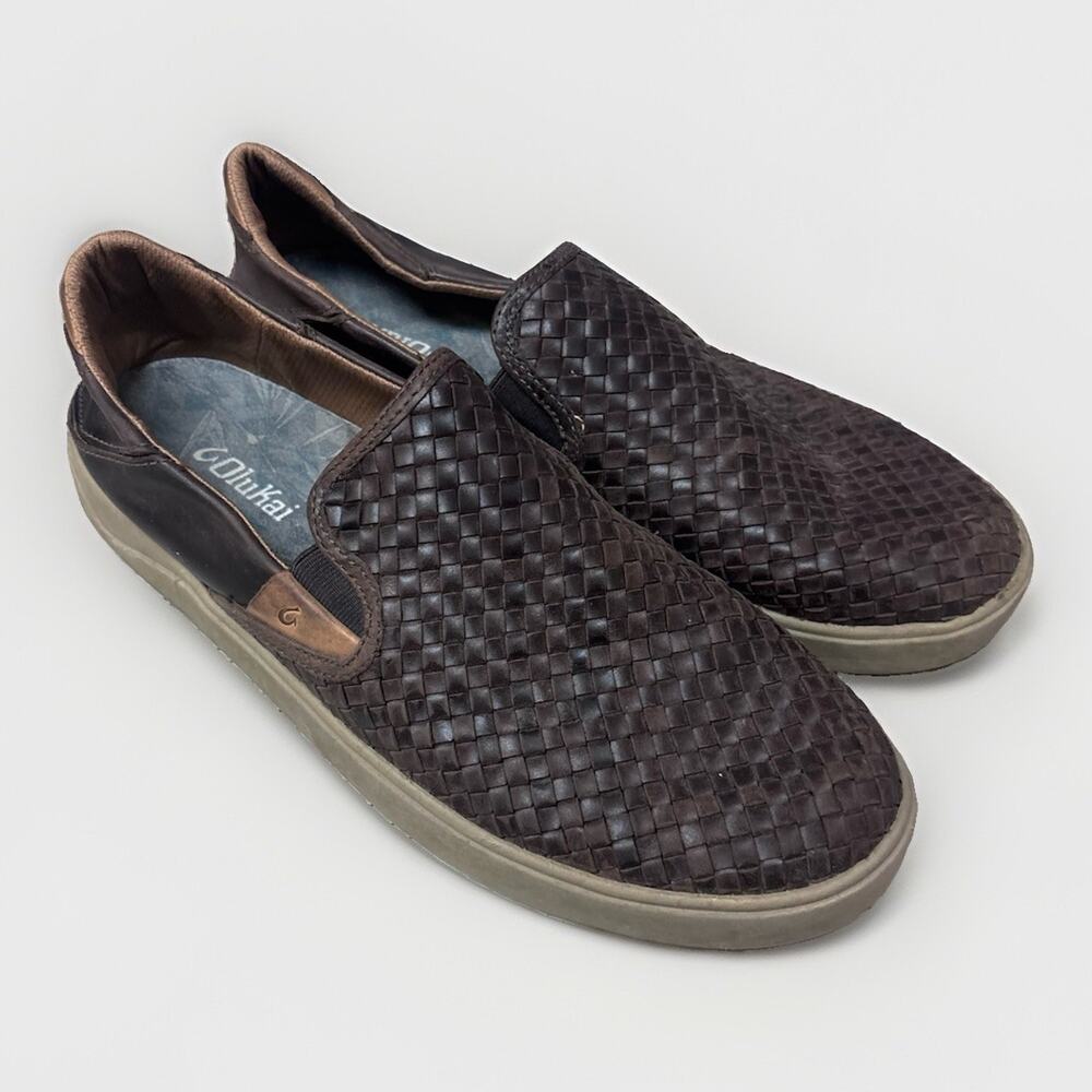 OluKai Laeahi Lauhala Mens 12 Brown Woven Leather Slip On Shoes 10486